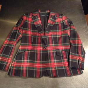 LRL Ralph Lauren Tartan Plaid Blazer Sz 12P Red Black Green One Button Preppy